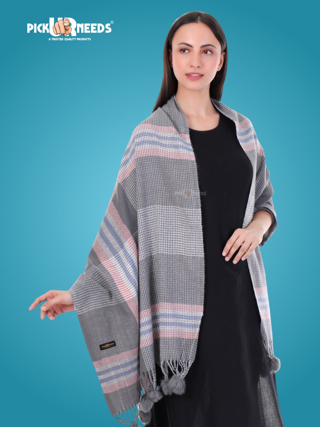 Pick Ur Needs Women's Soft Plaid Shawl Wrap Scarf with Pom Poms Warm Blanket Stole Fashionable Winter Gift for Ladies