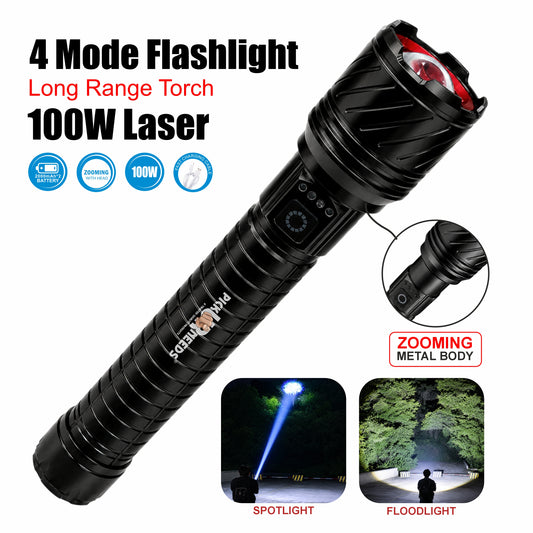 Pick Ur Needs High Power Rechargeable Metal Torch Light with 4000mAh Battery 4 Lighting Modes Portable LED Searchlight for Camping & Emergency