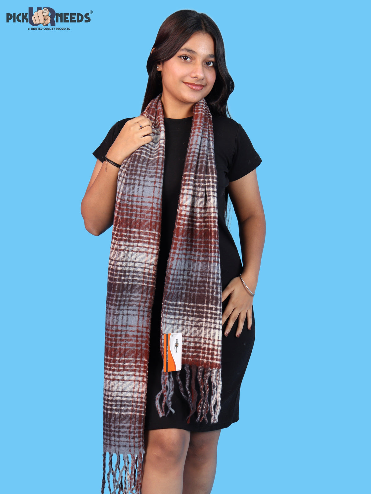 Pick Ur Needs Soft Woolen Girl's Muffler Scarf with Elegant Check Pattern,Warm & Cozy Winter Neck Wrap, Stylish Fringed Stole for Women & Girls