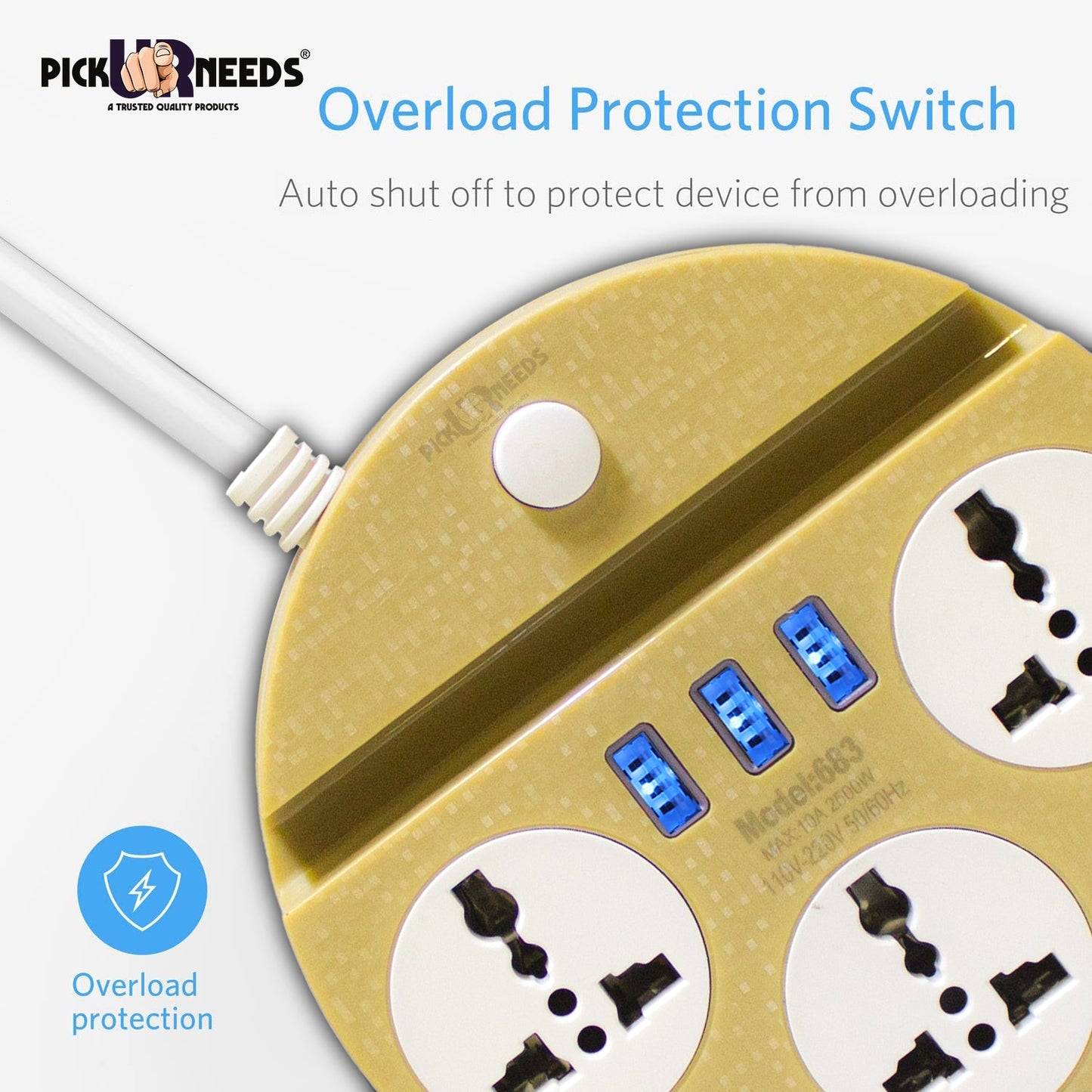 Pick Ur Needs Extension Cord Board with 3 USB Charging Ports and 3 Socket -10 Amp Heavy Duty for Multiple Devices Smartphone Tablet Laptop