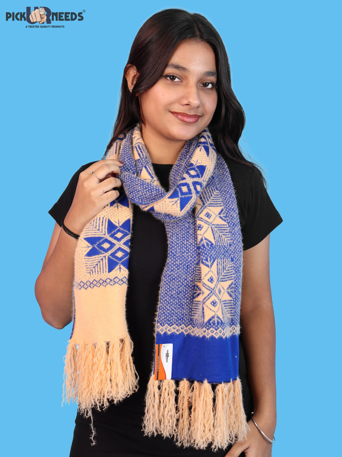 Pick Ur Needs Women & Girls Reversible Knitted Winter Muffler, Soft Warm Woollen Scarf with Geometric Pattern and Tassels, Lightweight Dual-Sided Winter Wrap