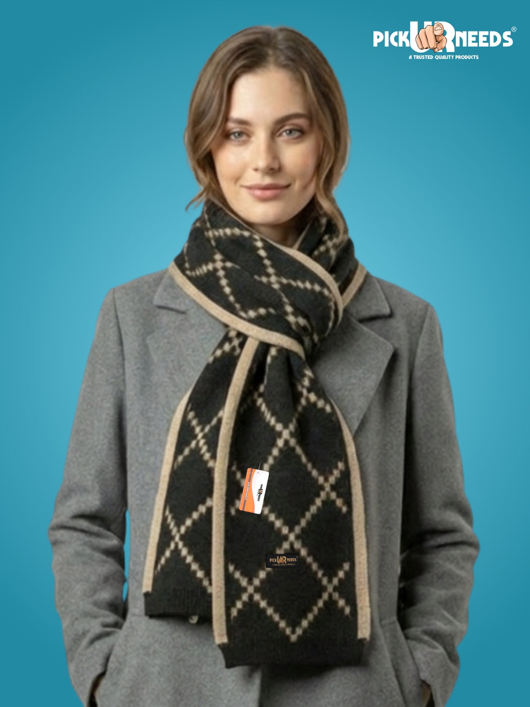 Pick Ur Needs Premium Winter Woolen Scarf for Women Designer Checkered Warm Muffler Soft, Stylish & Cozy Cold Weather Wrap