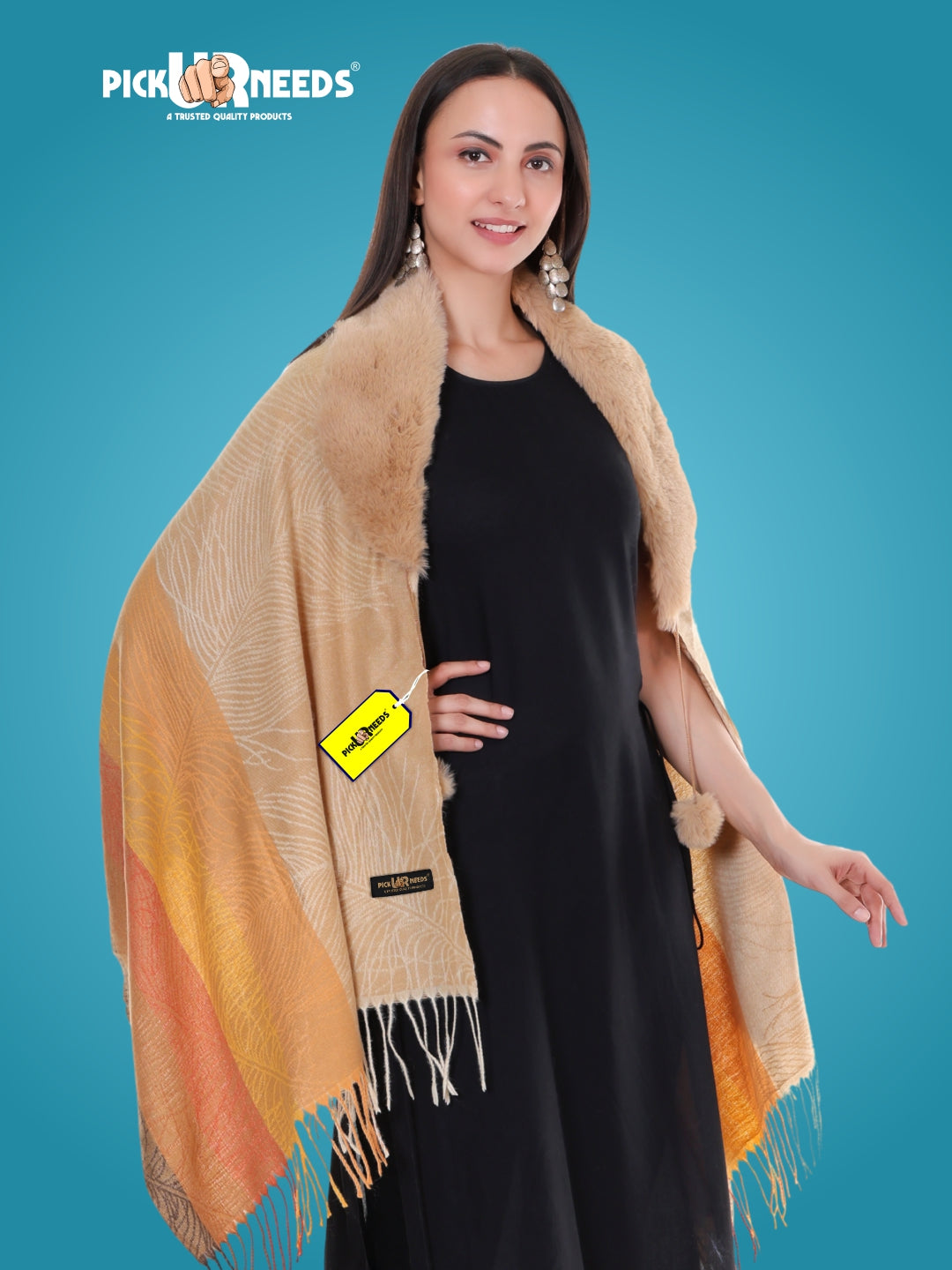 Pick Ur Needs Women’s Winter Shawl  Soft Woolen Stole with Faux Fur Collar  Elegant Poncho Shrug Wrap for Winter Warm Designer Scarf for Ladies