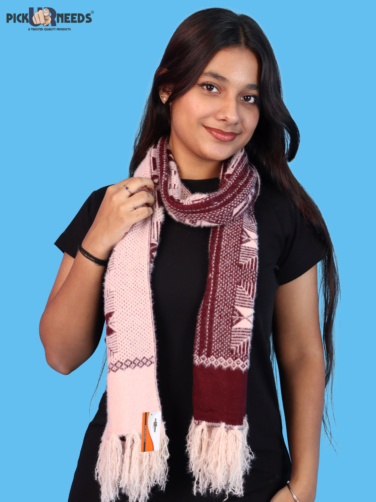 Pick Ur Needs Women & Girls Reversible Knitted Winter Muffler, Soft Warm Woollen Scarf with Geometric Pattern and Tassels, Lightweight Dual-Sided Winter Wrap