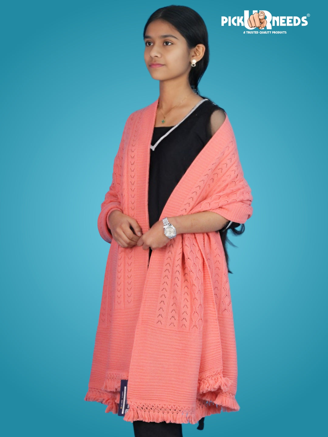 Pick Ur Needs Women’s Premium Knitted Winter Soft Shawl Woolen Warm Stole with Elegant Lace Pattern & Tassels For Girls