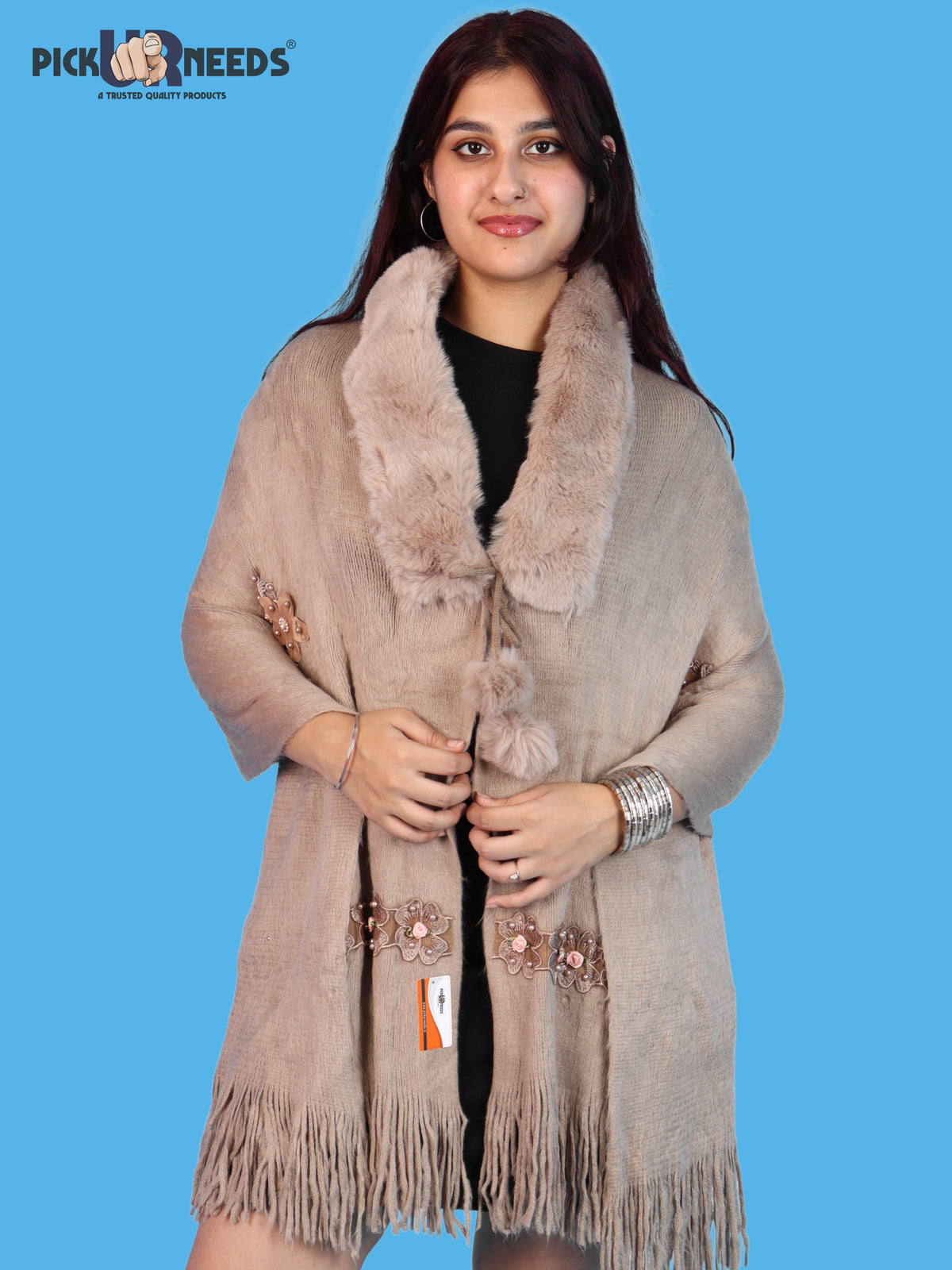 Pick Ur Needs Womens Premium Winter Shawl Shrug with Soft Fur Collar, Floral Embroidery, Pom-Pom Tie & Fringe Detailing Stylish Warm Wrap for Girls