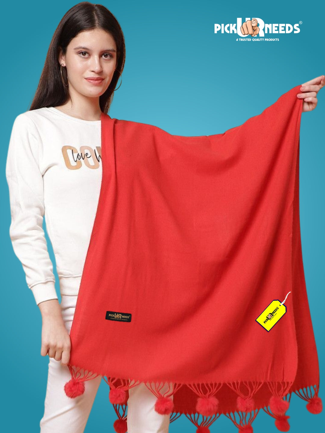 Pick Ur Needs Premium Women’s Wool Blend Scarf Soft Woolen Shawl Winter Stole with Tassels & Pom Poms