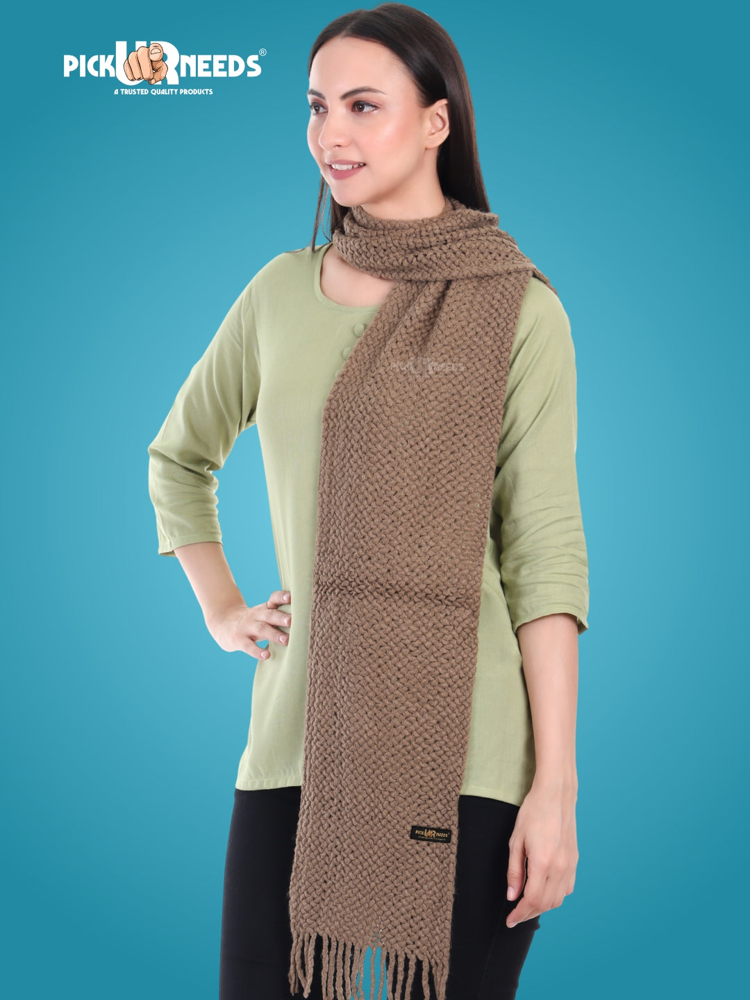 Pick Ur Needs Women's Chunky Knit Scarf  Soft, Warm & Breathable Winter Muffler  Unisex Solid Tan Textured Knit with Fringes