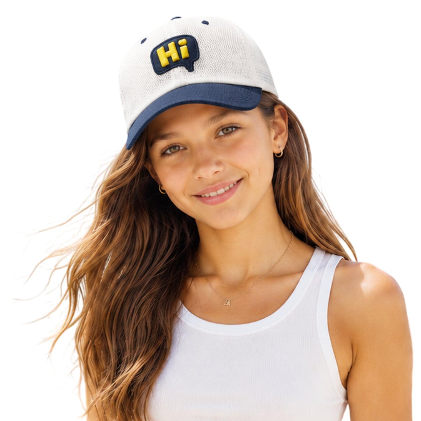 Pick Ur Needs Teenager Stylish Mesh Cap Lightweight Breathable Baseball Hat with “Hi” Embroidery Sun Protection Adjustable Snapback Cap for Boys & Girls