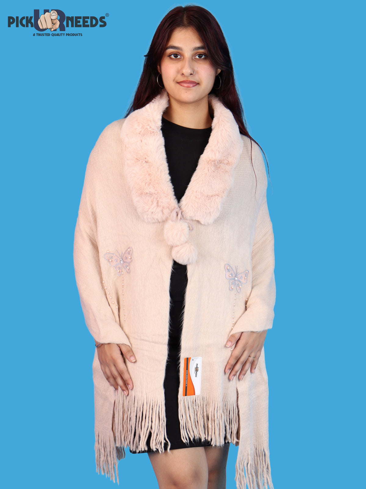 Pick Ur Needs Womens Faux Fur Collar Shrug with Pom Pom Tie Shawl Elegant Fringed Winter Wrap for Women & Girls