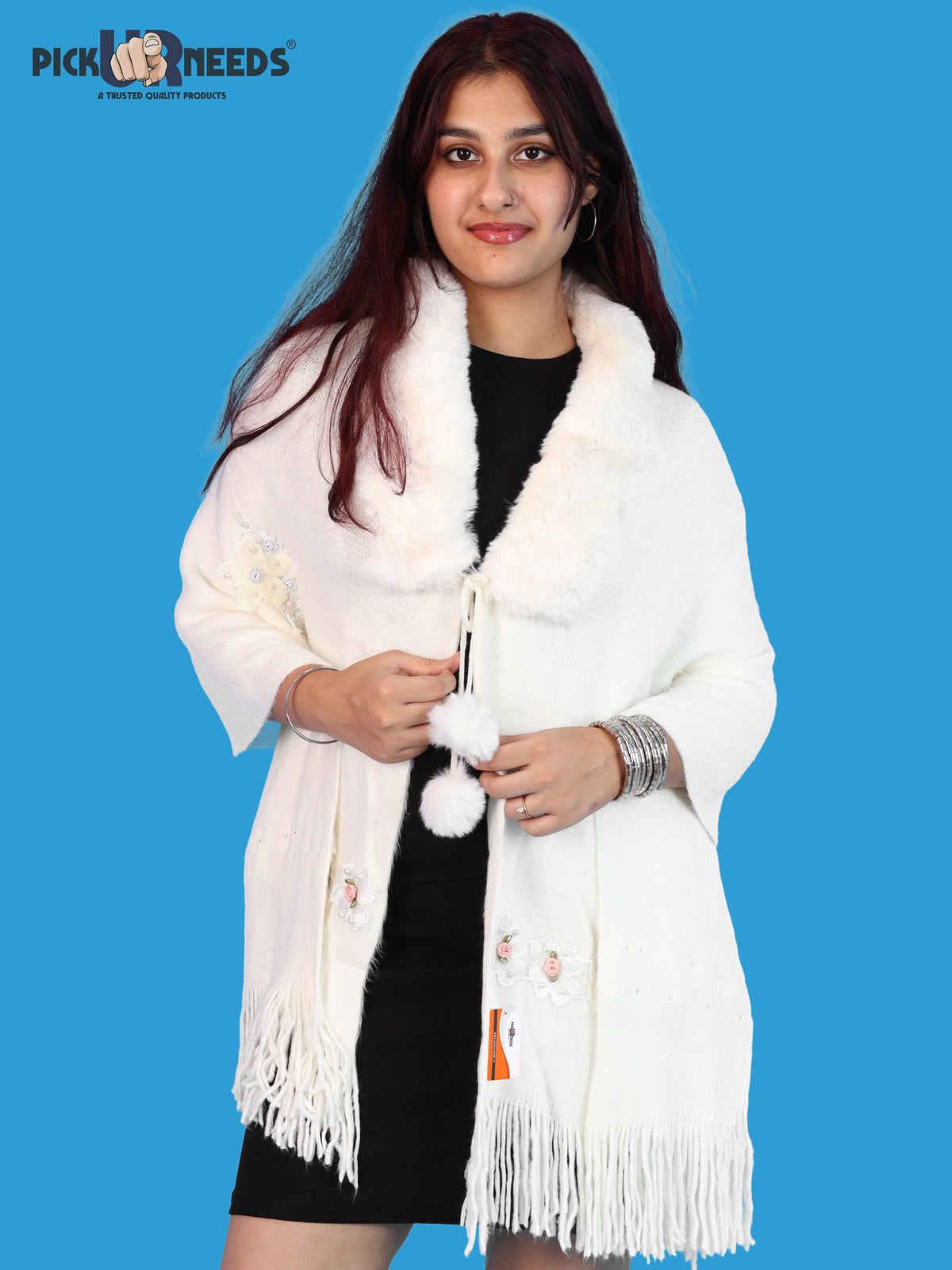 Pick Ur Needs Womens Premium Winter Shawl Shrug with Soft Fur Collar, Floral Embroidery, Pom-Pom Tie & Fringe Detailing Stylish Warm Wrap for Girls