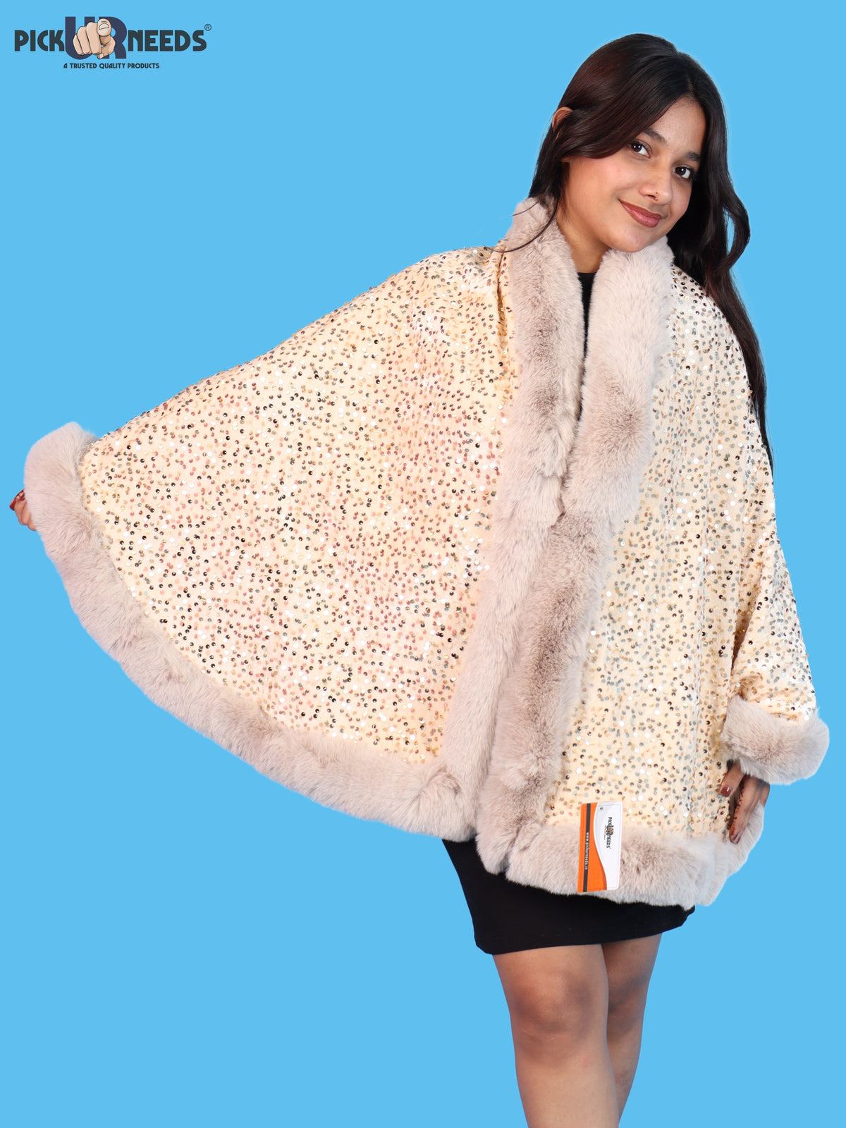 Pick Ur Needs Luxury Shrug for Women Sequin Outerwear with Soft Fur Collar Shawl Evening Wrap Poncho