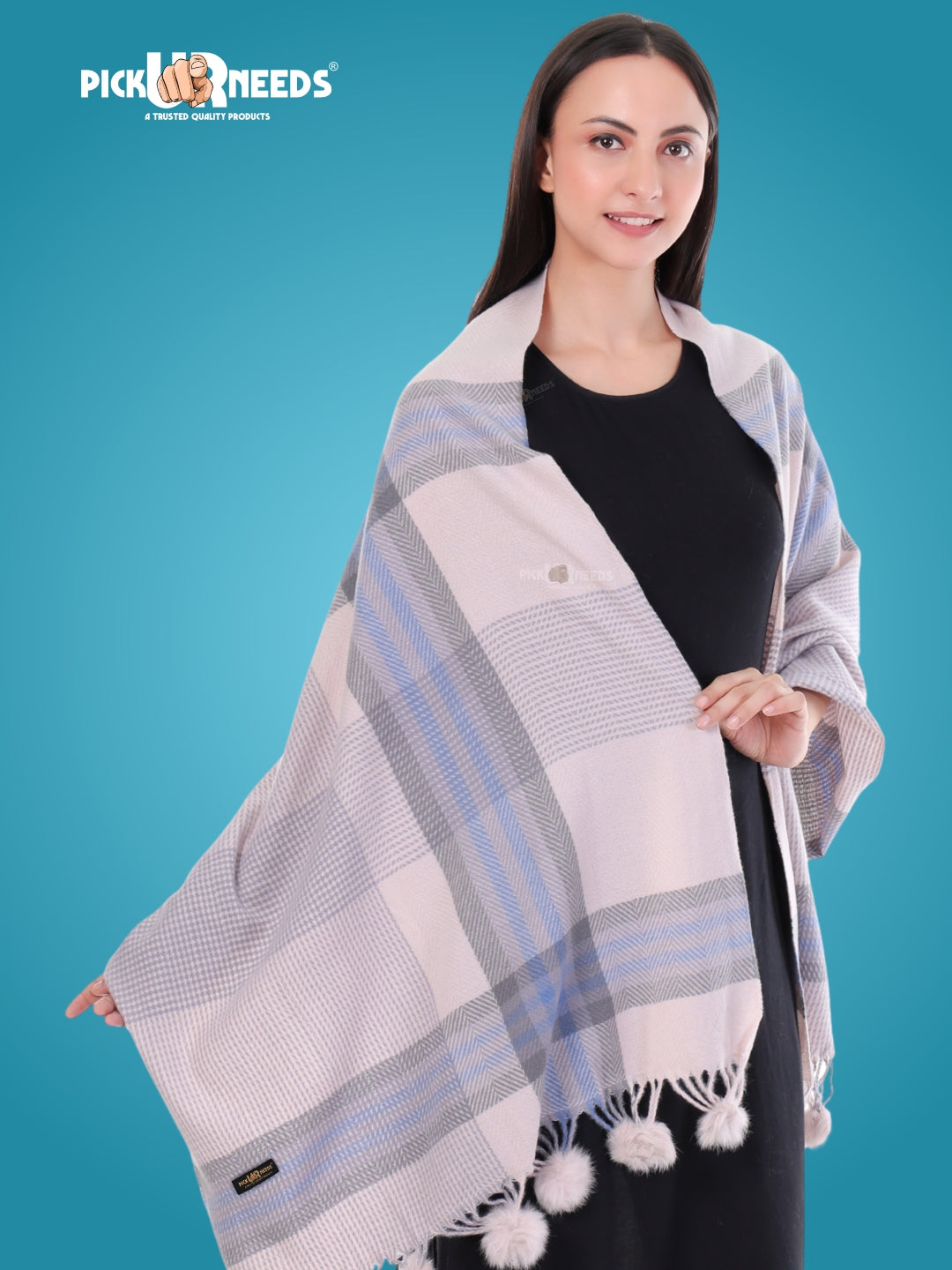 Pick Ur Needs Women's Soft Plaid Shawl Wrap Scarf with Pom Poms Warm Blanket Stole Fashionable Winter Gift for Ladies