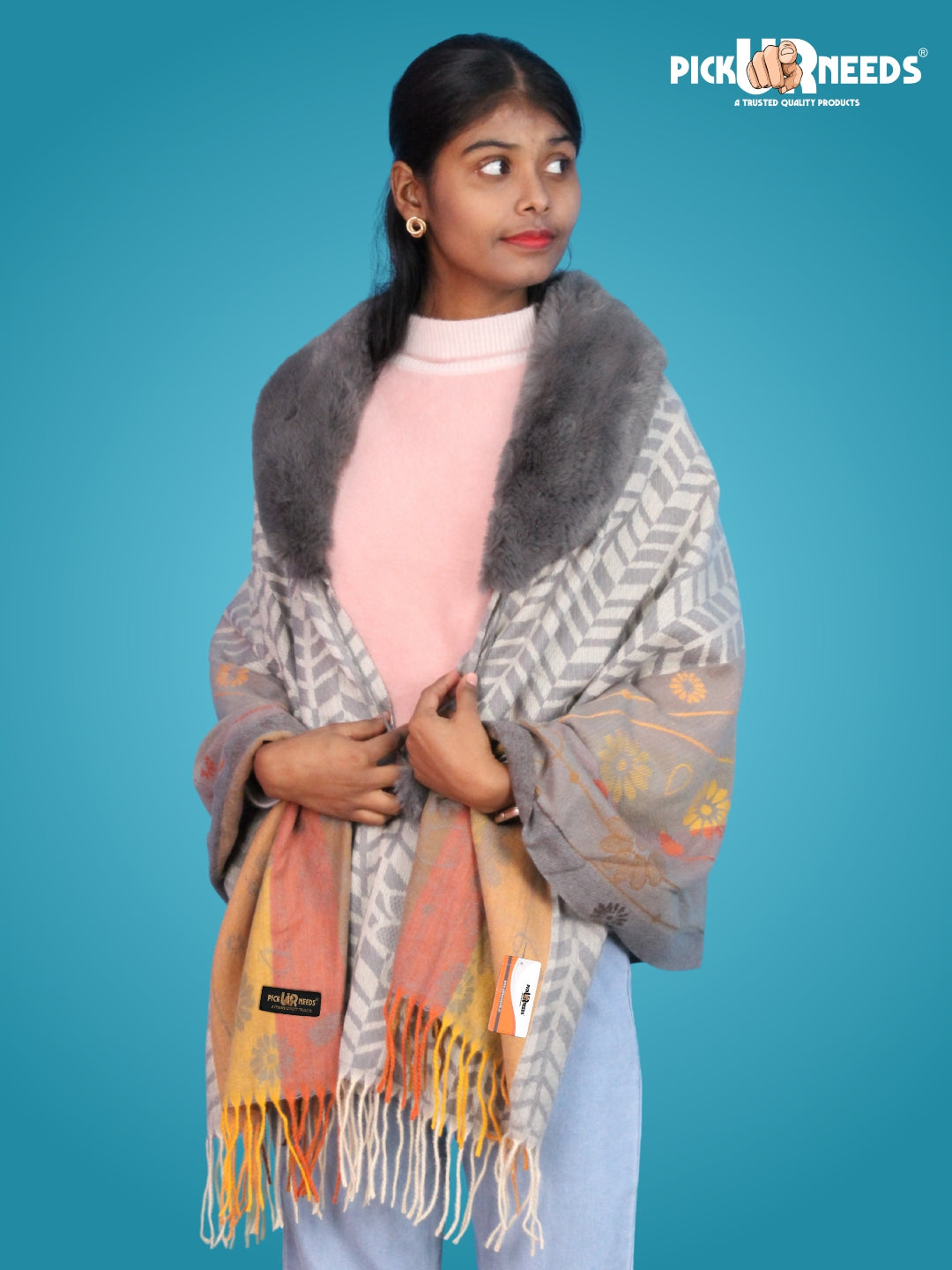 Pick Ur Needs Women’s Winter Shawl  Soft Woolen Stole with Faux Fur Collar  Elegant Poncho Shrug Wrap for Winter Warm Designer Scarf for Ladies