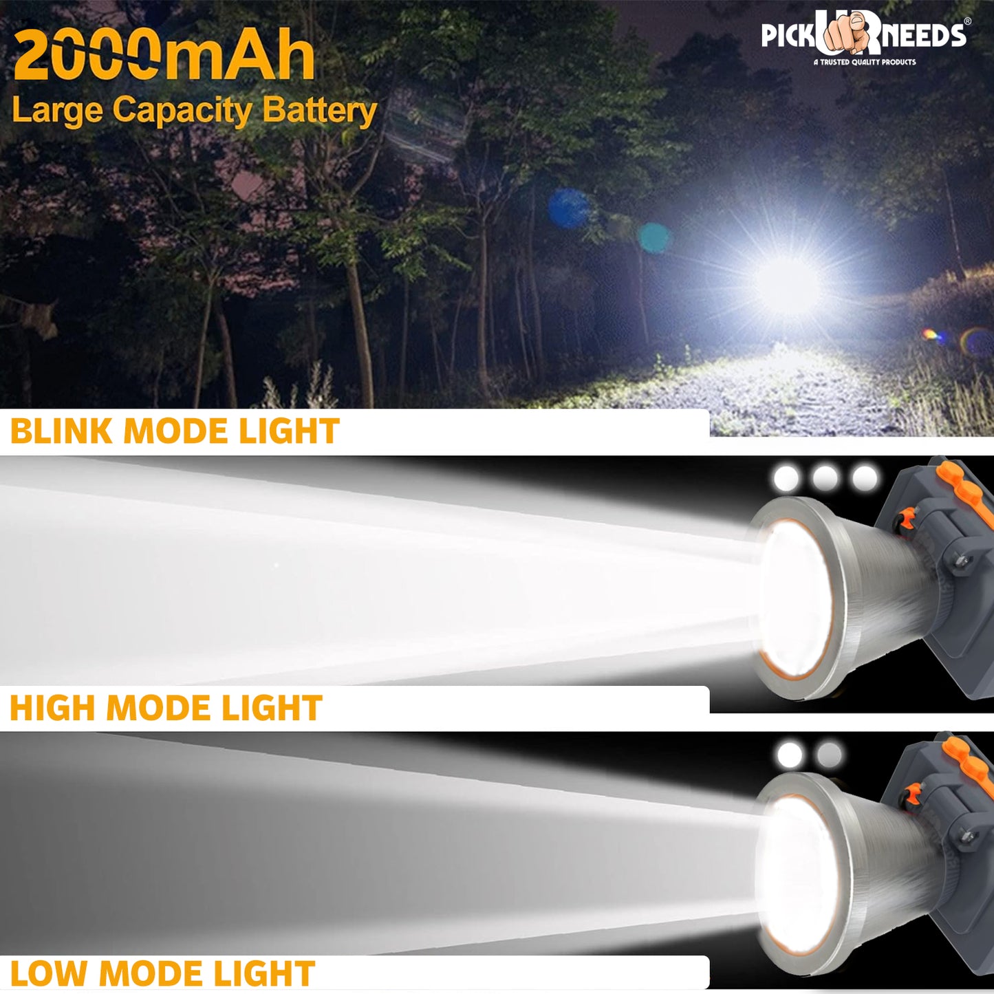 Pick Ur Needs Chargeable Head Lamp 3 Blink Mode Aluminum Body 2000mAh Battery 150W Bright LED 3 hrs Torch Emergency Light