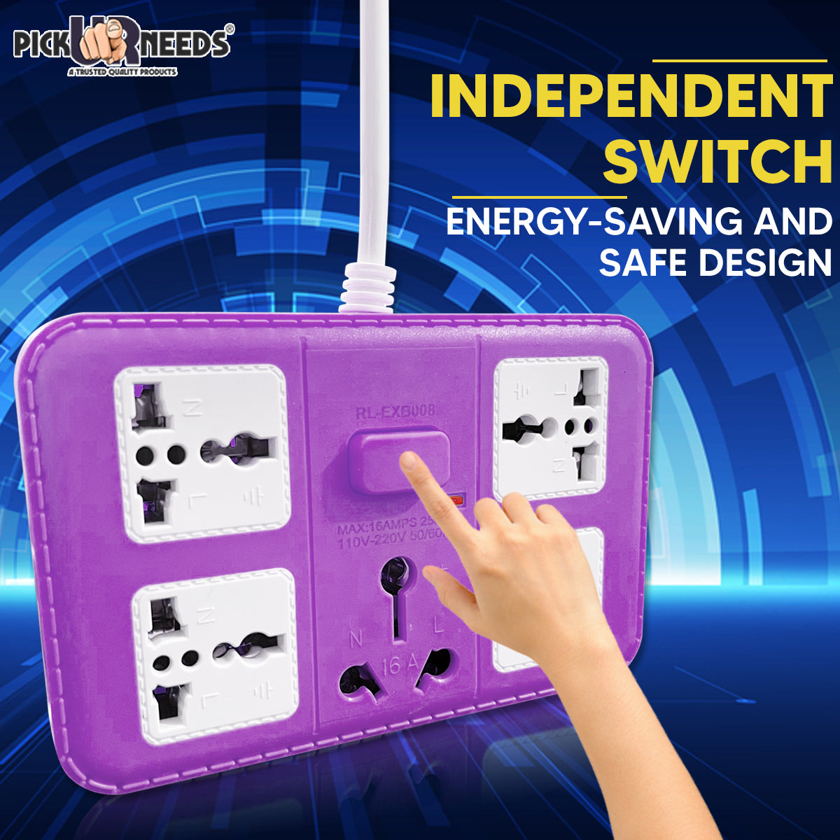 Pick Ur Needs  220 volts Extension Cord with 2 USB Charging Ports and 3 Socket + 1 Master Switch - 16 AMP Heavy Duty for Multiple