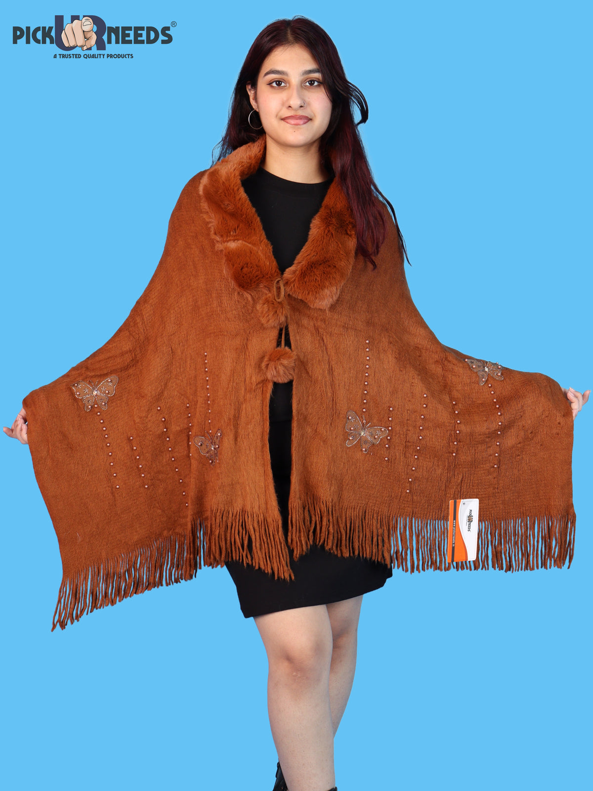Pick Ur Needs Womens Faux Fur Collar Shrug with Pom Pom Tie Shawl Elegant Fringed Winter Wrap for Women & Girls