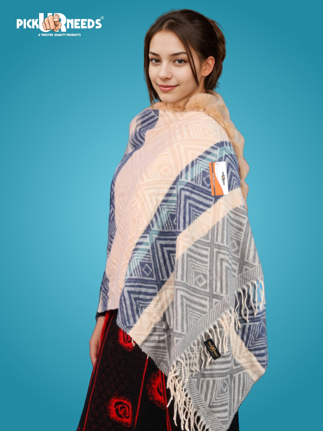 Pick Ur Needs Women's Winter Geometric Printed Faux Fur Border Shawl with Tassels  Soft Warm Wrap Stole for Casual, Party & Travel