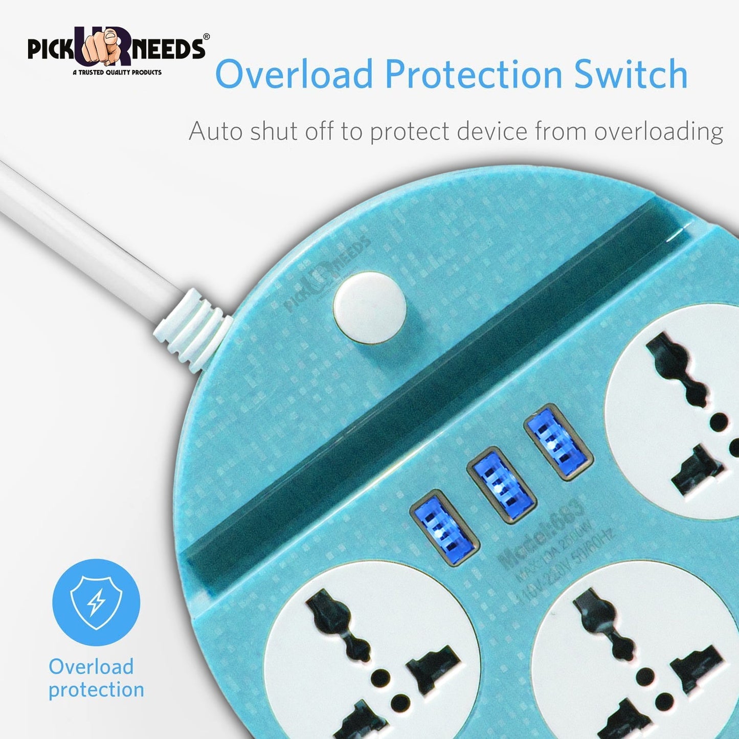 Pick Ur Needs Extension Cord Board with 3 USB Charging Ports and 3 Socket -10 Amp Heavy Duty for Multiple Devices Smartphone Tablet Laptop