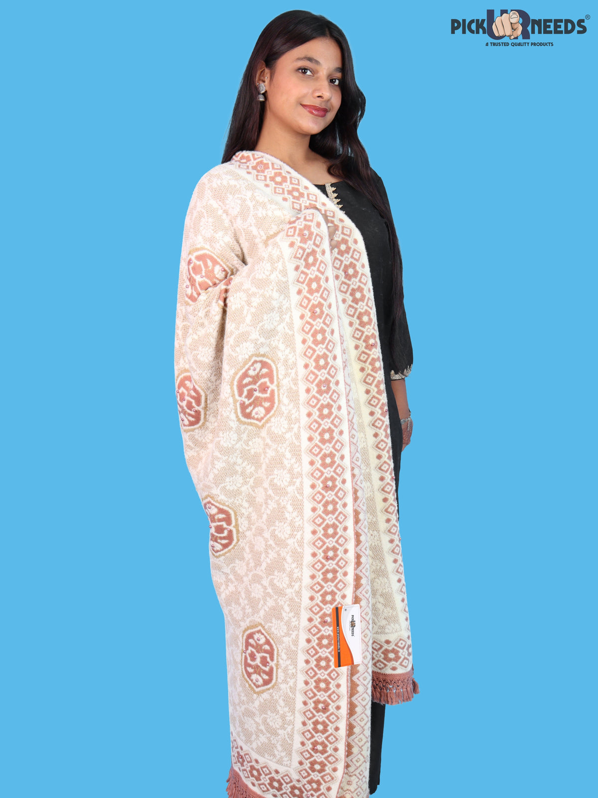 Pick Ur Needs Printed Women’s Woolen Shawl with Elegant Floral Pattern & Fur Border