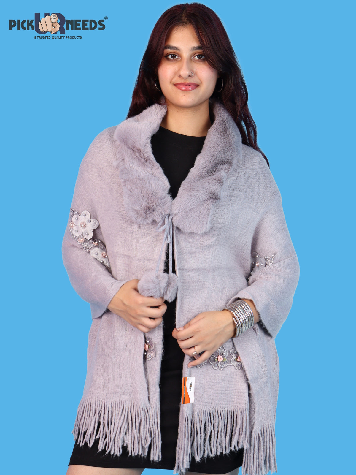Pick Ur Needs Womens Premium Winter Shawl Shrug with Soft Fur Collar, Floral Embroidery, Pom-Pom Tie & Fringe Detailing Stylish Warm Wrap for Girls