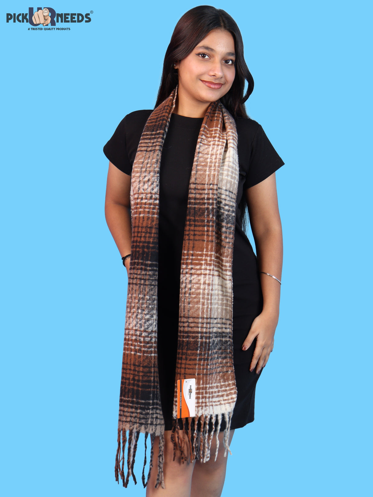 Pick Ur Needs Soft Woolen Girl's Muffler Scarf with Elegant Check Pattern,Warm & Cozy Winter Neck Wrap, Stylish Fringed Stole for Women & Girls