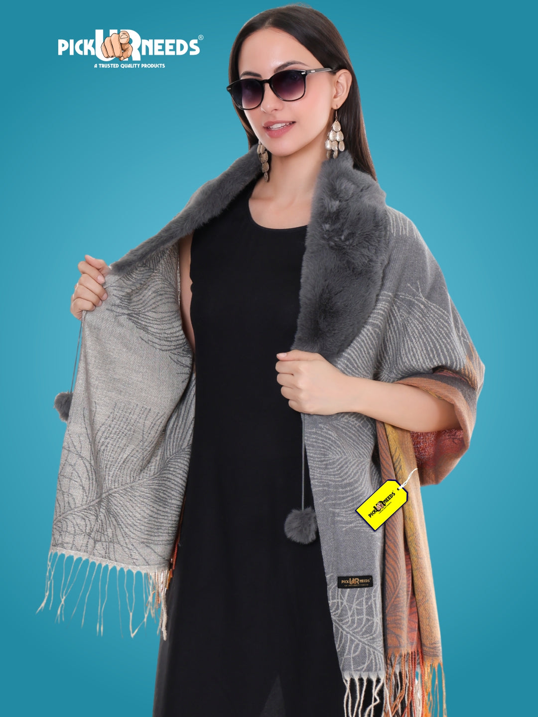 Pick Ur Needs Women’s Winter Shawl  Soft Woolen Stole with Faux Fur Collar  Elegant Poncho Shrug Wrap for Winter Warm Designer Scarf for Ladies