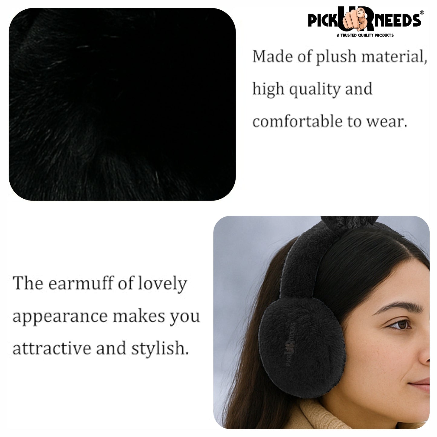 Pick Ur Needs Plush Earmuffs for Women & Girls with Stone Detail – Foldable Ultra-Soft Ear Warmers, Lightweight Winter Ear Muffs, Warm & Comfortable Cold Weather Accessory