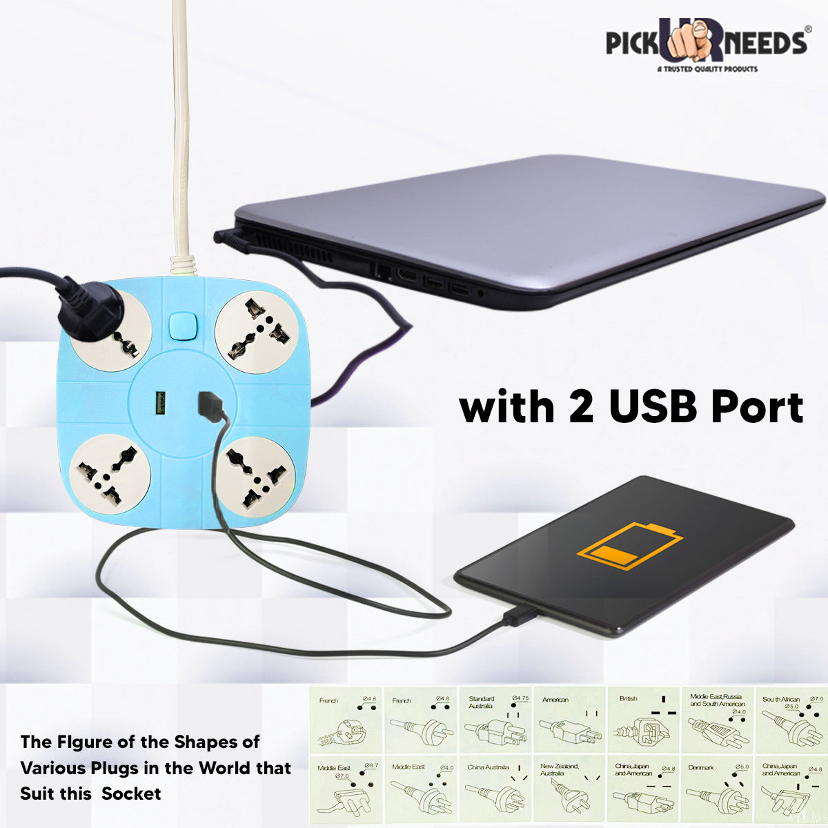 Pick Ur NeedsExtension Cord with 2 USB Charging Ports and 4 Socket - 10 AMP Heavy Duty for Multiple Devices Smartphone Tablet La