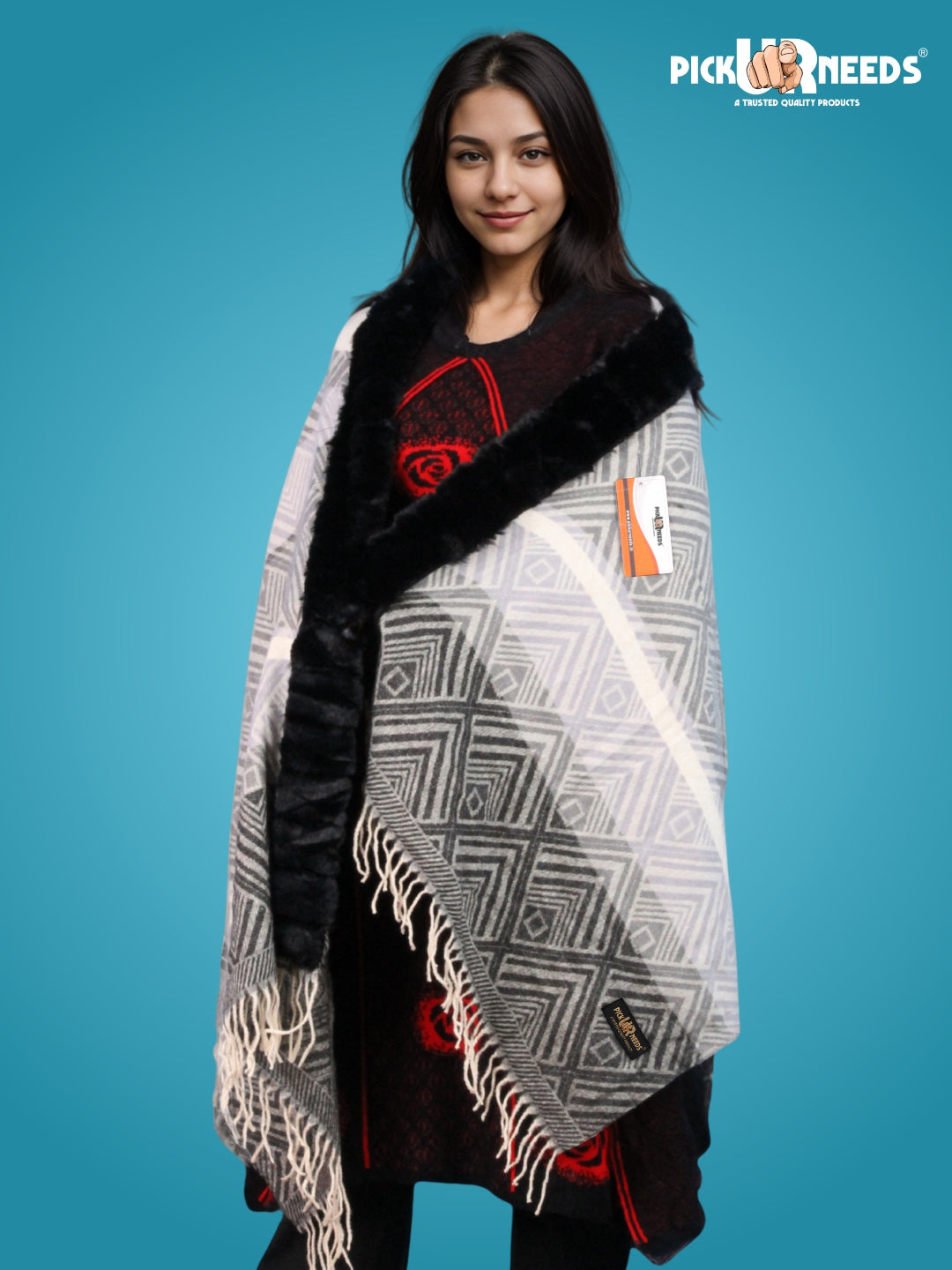 Pick Ur Needs Women's Winter Geometric Printed Faux Fur Border Shawl with Tassels  Soft Warm Wrap Stole for Casual, Party & Travel