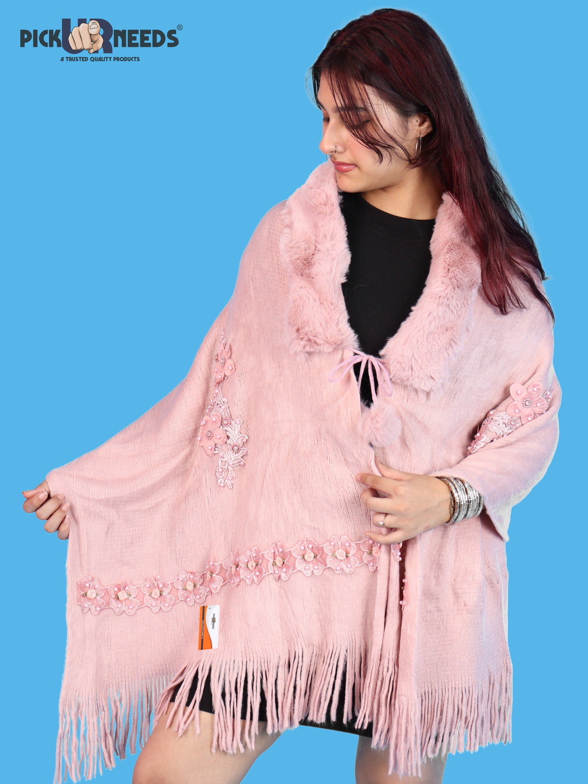 Pick Ur Needs Womens Premium Winter Shawl Shrug with Soft Fur Collar, Floral Embroidery, Pom-Pom Tie & Fringe Detailing Stylish Warm Wrap for Girls