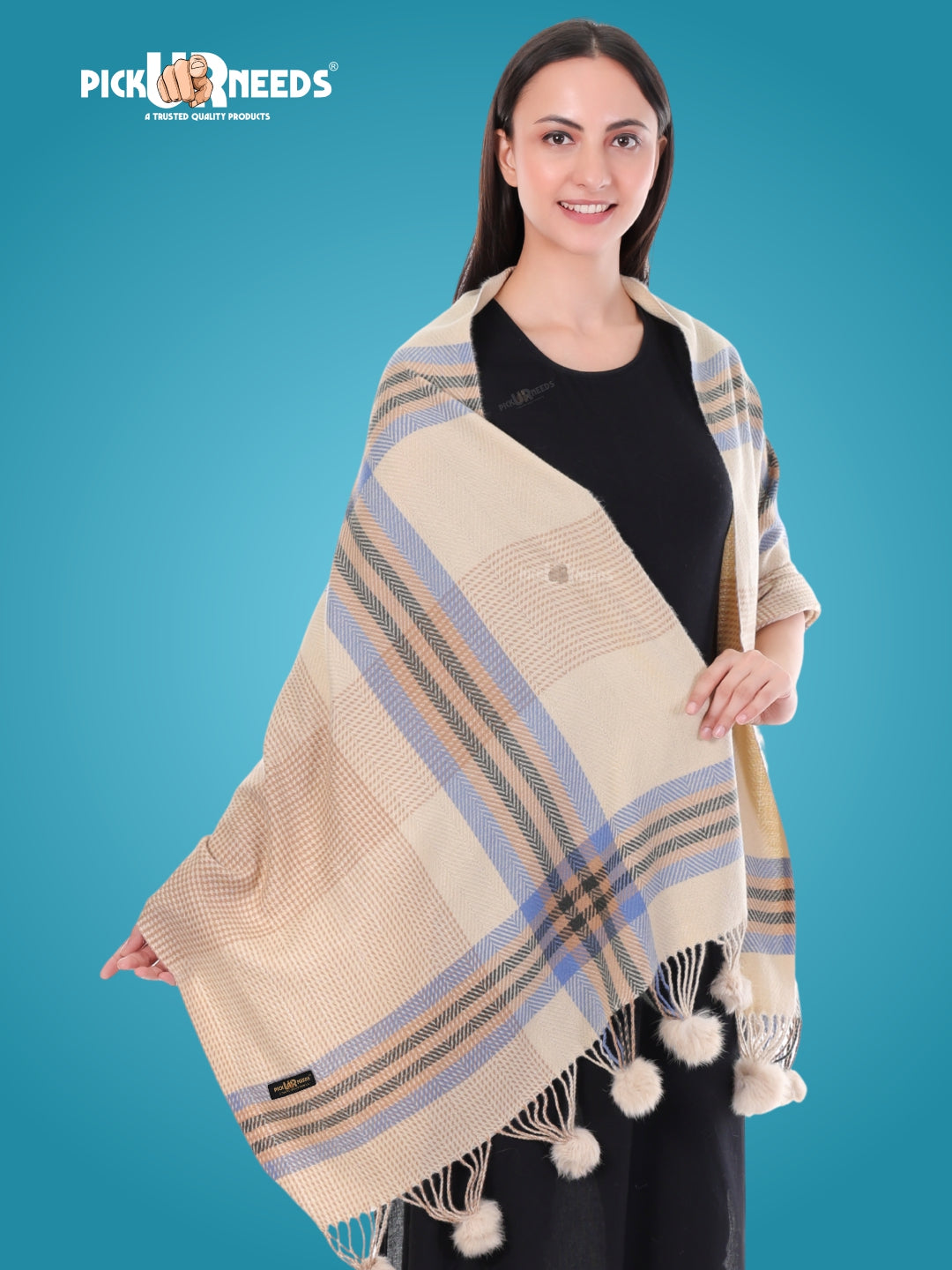 Pick Ur Needs Women's Soft Plaid Shawl Wrap Scarf with Pom Poms Warm Blanket Stole Fashionable Winter Gift for Ladies