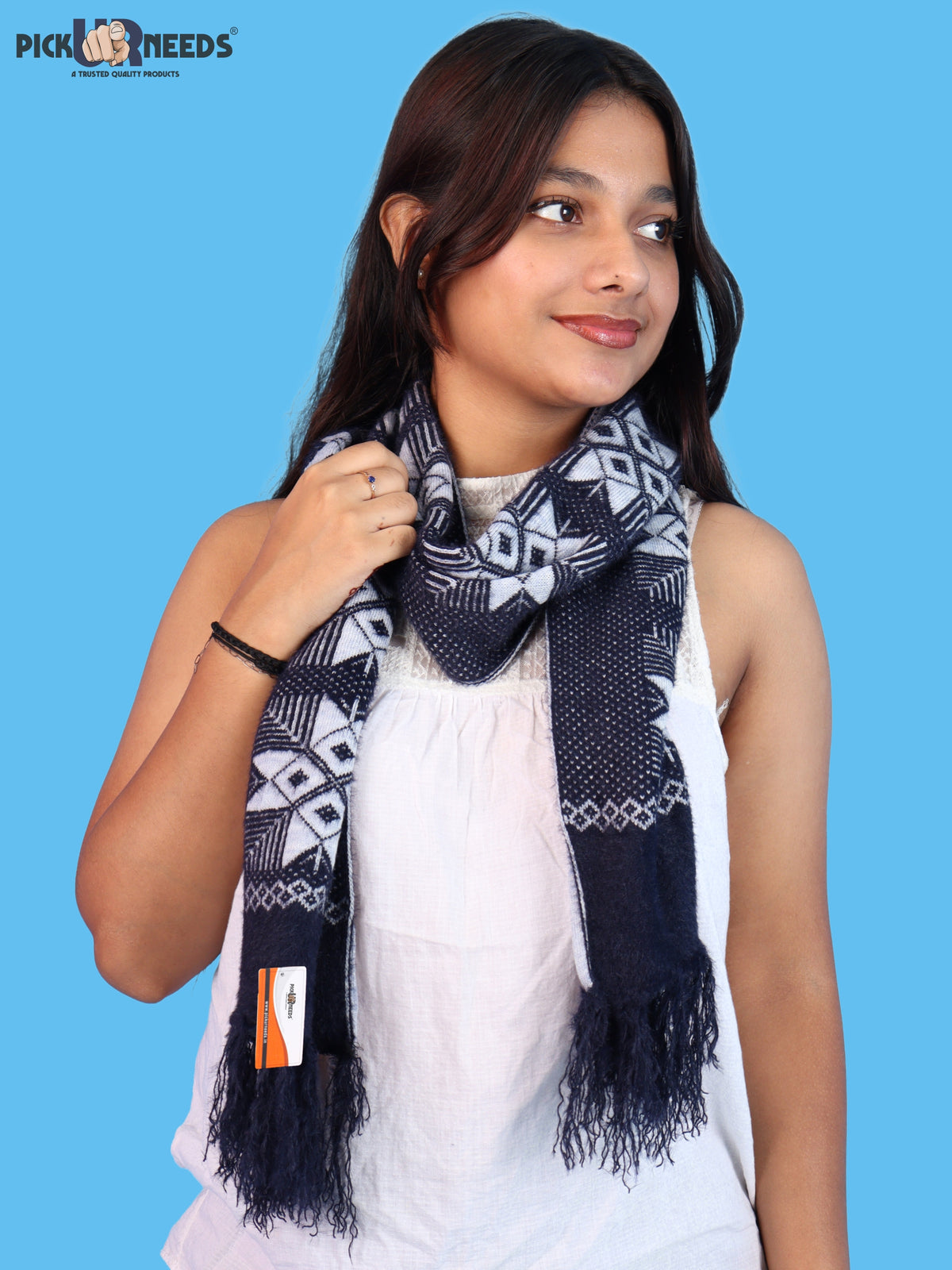 Pick Ur Needs Women & Girls Reversible Knitted Winter Muffler, Soft Warm Woollen Scarf with Geometric Pattern and Tassels, Lightweight Dual-Sided Winter Wrap