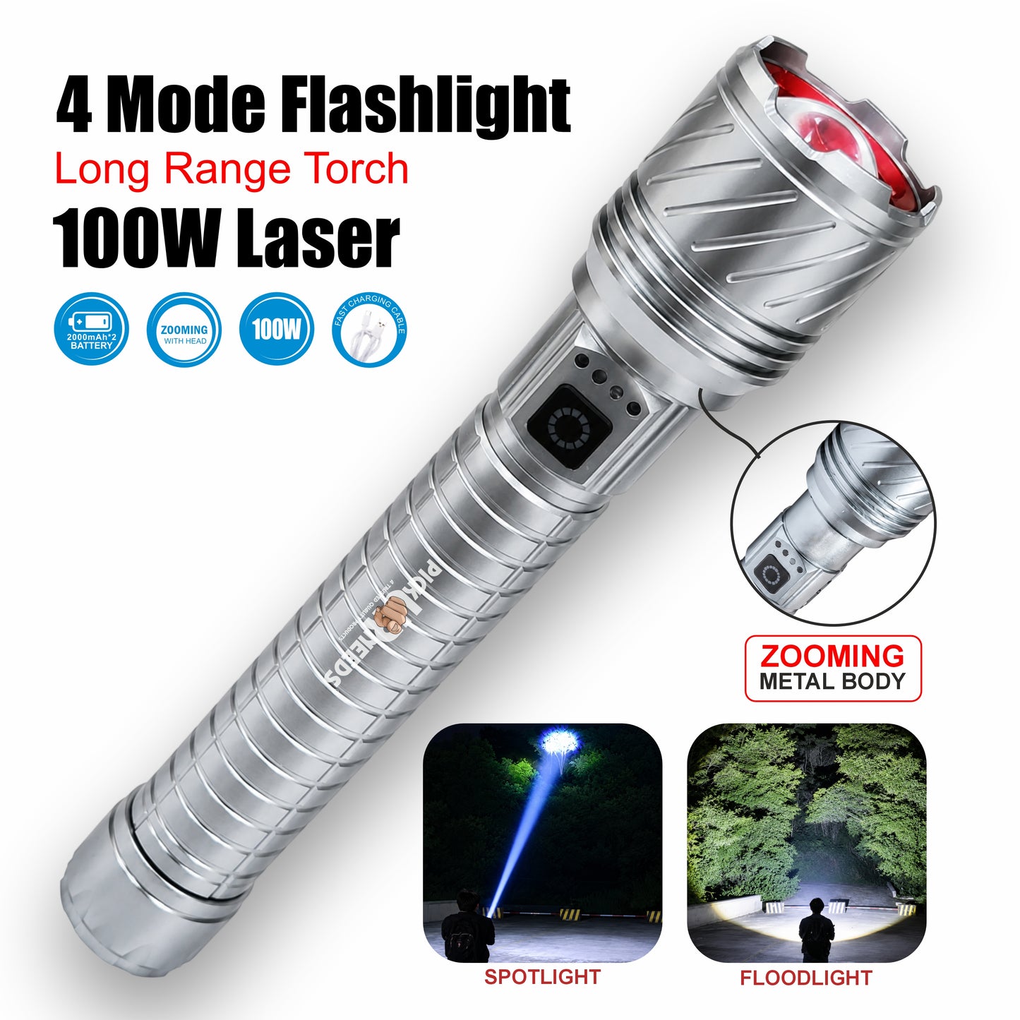 Pick Ur Needs High Power Rechargeable Metal Torch Light with 4000mAh Battery 4 Lighting Modes Portable LED Searchlight for Camping & Emergency