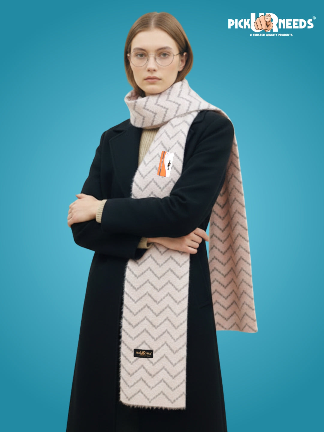 Pick Ur Needs Premium Woolen Winter Muffler with Gold Zigzag Pattern | Soft, Warm & Stylish Scarf for Women