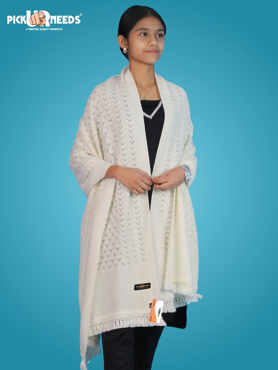 Pick Ur Needs Women’s Premium Knitted Winter Soft Shawl Woolen Warm Stole with Elegant Lace Pattern & Tassels For Girls