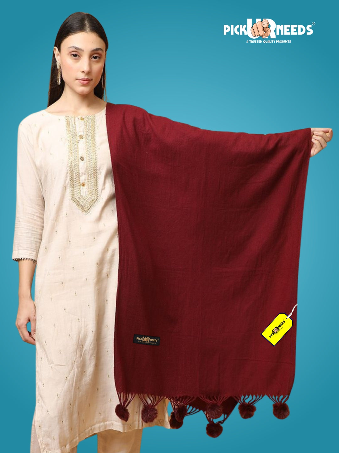 Pick Ur Needs Premium Women’s Wool Blend Scarf Soft Woolen Shawl Winter Stole with Tassels & Pom Poms