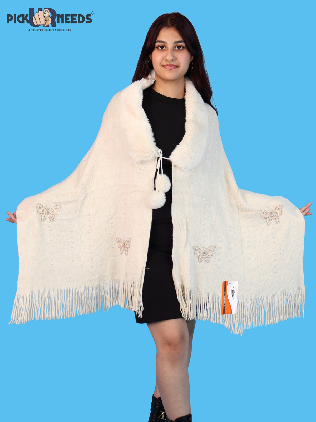 Pick Ur Needs Womens Faux Fur Collar Shrug with Pom Pom Tie Shawl Elegant Fringed Winter Wrap for Women & Girls