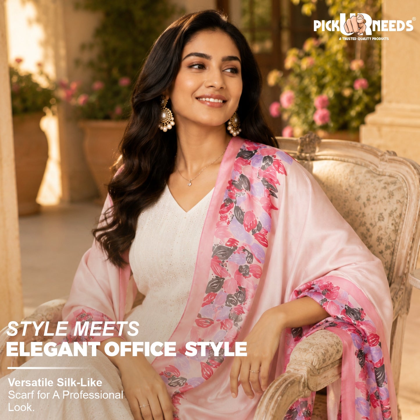 Pick Ur Needs Premium Satin Silk Feel Rectangle Scarf for Womens & Girls Floral Printed Long Fashion Stall Soft Lightweight Neck, Head & Shoulder Wrap