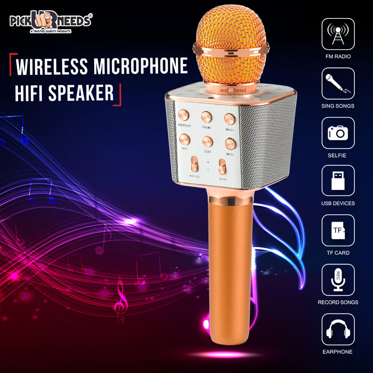 Pick Ur Needs Karaoke Mic with Led Light Wireless Bluetooth Microphone Connection Player Speaker 2-in1 with Recording + USB+FM