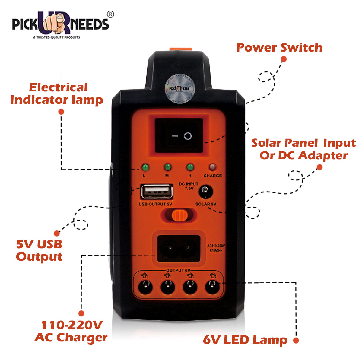 Pick Ur Needs Emergency Portable Inverter With 3 Individual 6 Volt LED Bulbs with 3.75 Meter Long Wire & AC & DC USB Socket for Mobile Charging