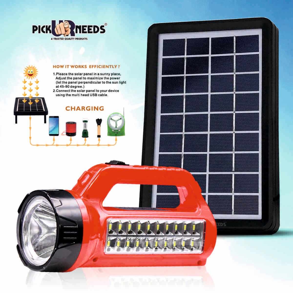 Pick Ur Needs Bright LED Rechargeable Flashlight 50W + 20 SMD Side Handheld with Eco Friendly Solar Panel (3W