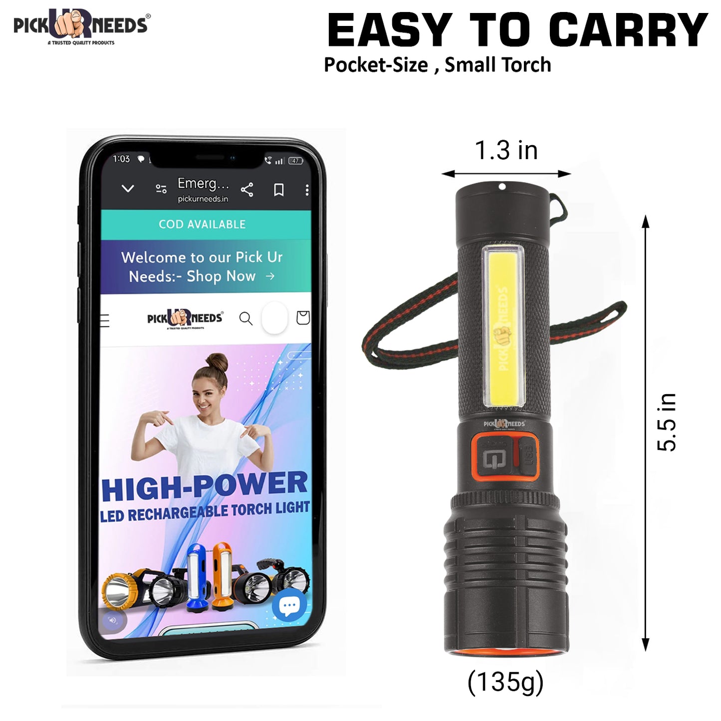 Pick Ur Needs Rechargeable 100W Small Search Metal Torch+ COB 3 Brightness Mode LED Light 3 hrs Torch Emergency Light