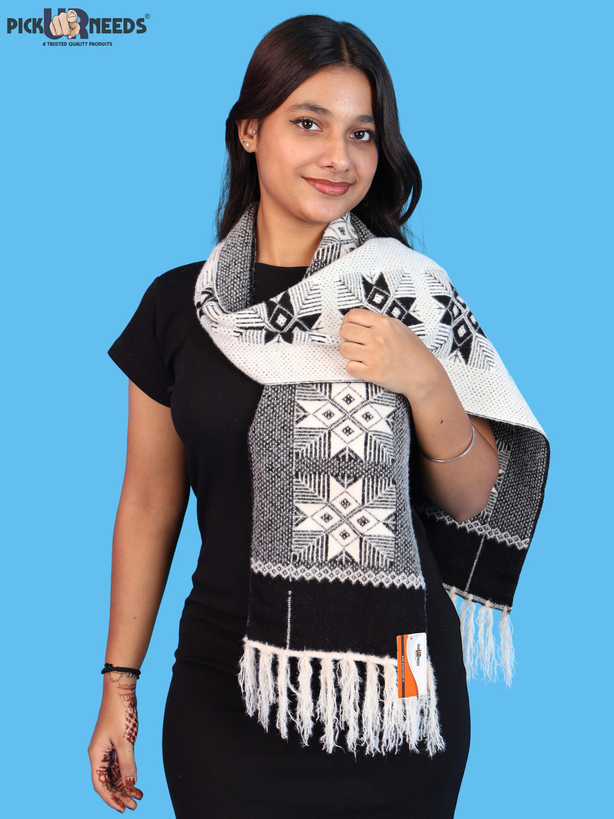 Pick Ur Needs Women & Girls Reversible Knitted Winter Muffler, Soft Warm Woollen Scarf with Geometric Pattern and Tassels, Lightweight Dual-Sided Winter Wrap