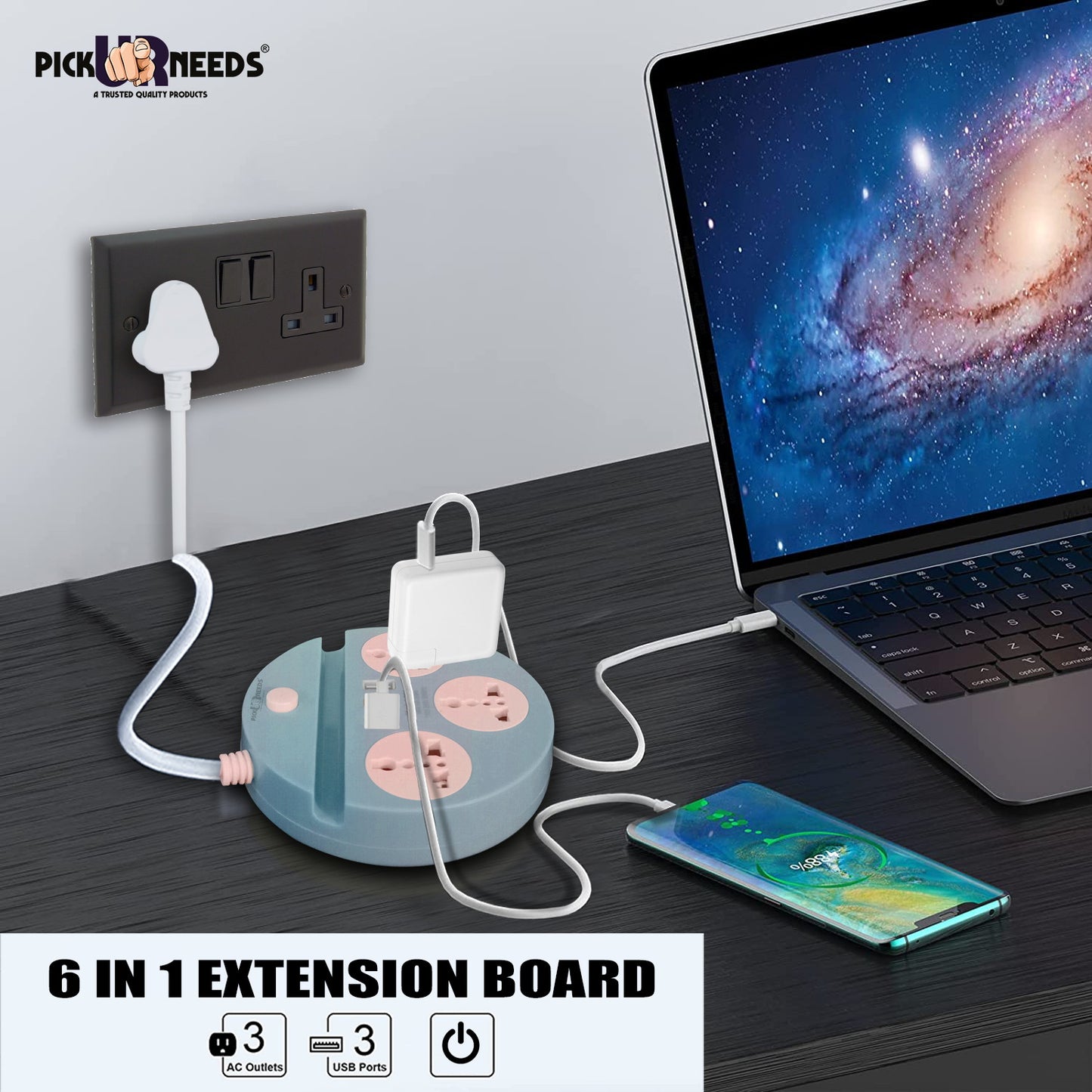 Pick Ur Needs Extension Cord Board with 3 USB Charging Ports and 3 Socket -10 Amp Heavy Duty for Multiple Devices Smartphone Tablet Laptop