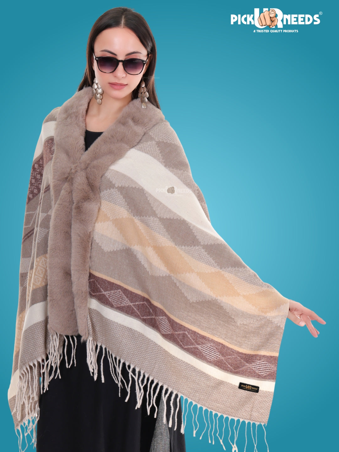 Pick Ur Needs Elegant Winter Soft & Warm Woolen Shawl with Faux Fur Border Multi Color Pattern Scarf