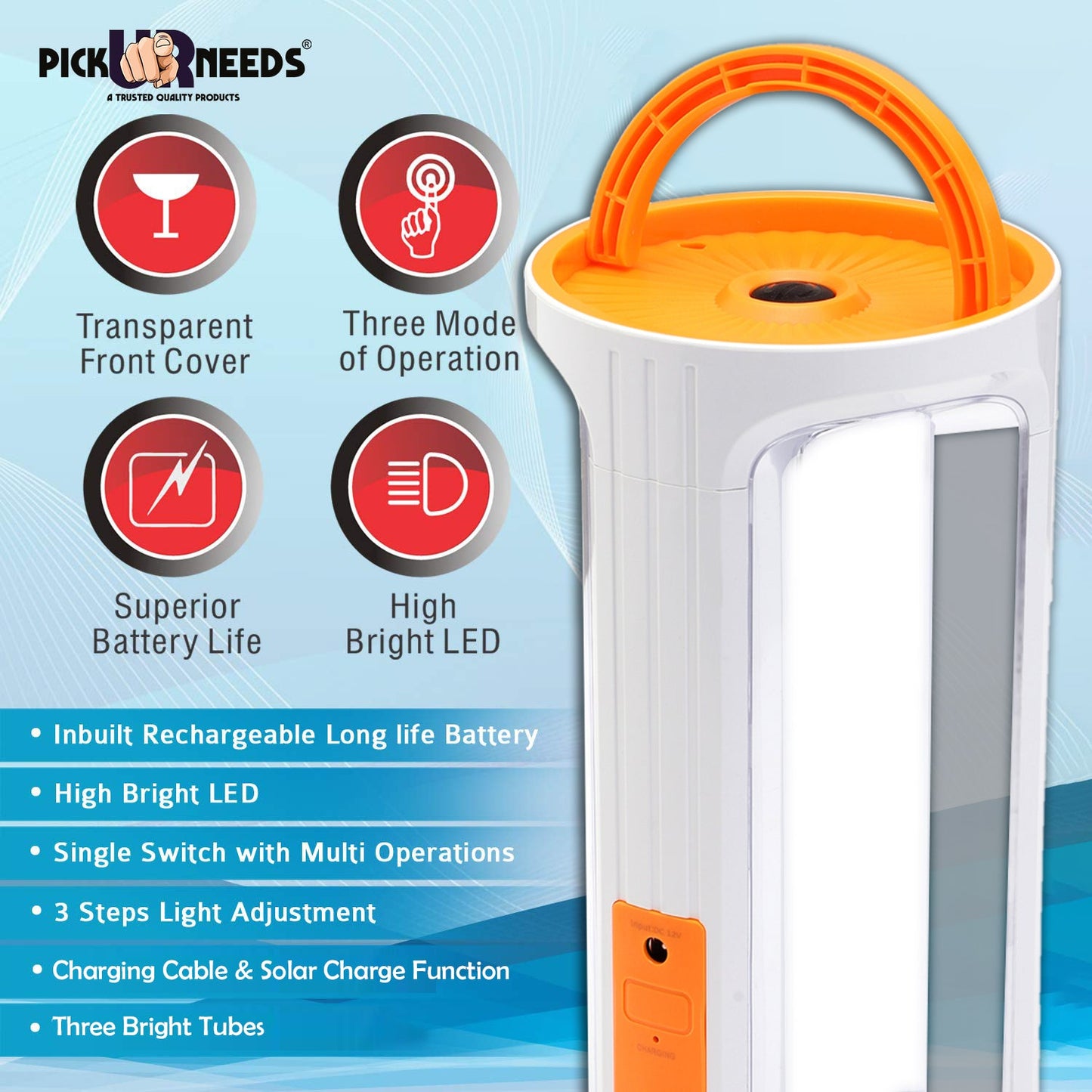 Pick Ur Needs Rechargeable 90W Home Emergency Light 3 Side Tube Floor Lantern Lamp with Hanging Handle