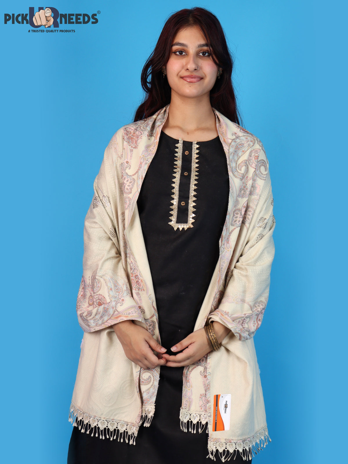Pick Ur Needs Womens Designer Winter Elegant Floral Embellished Paisley Print Girls Shawl with Decorative Fringe Border
