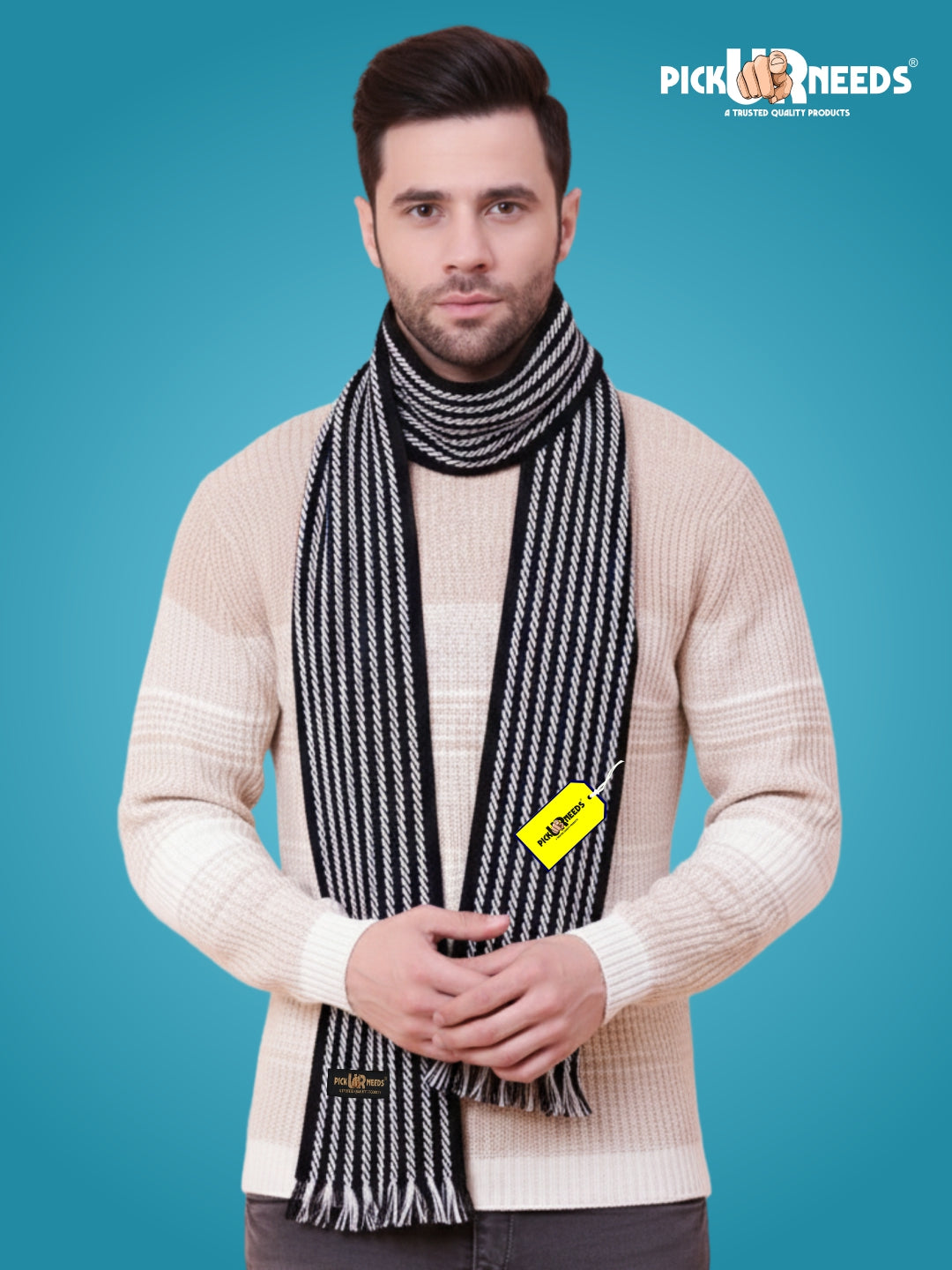 Pick Ur Needs Premium Men's Warm And Stylish Woolen Muffler With Multicolour Stripes And Stylish Tussles Ends