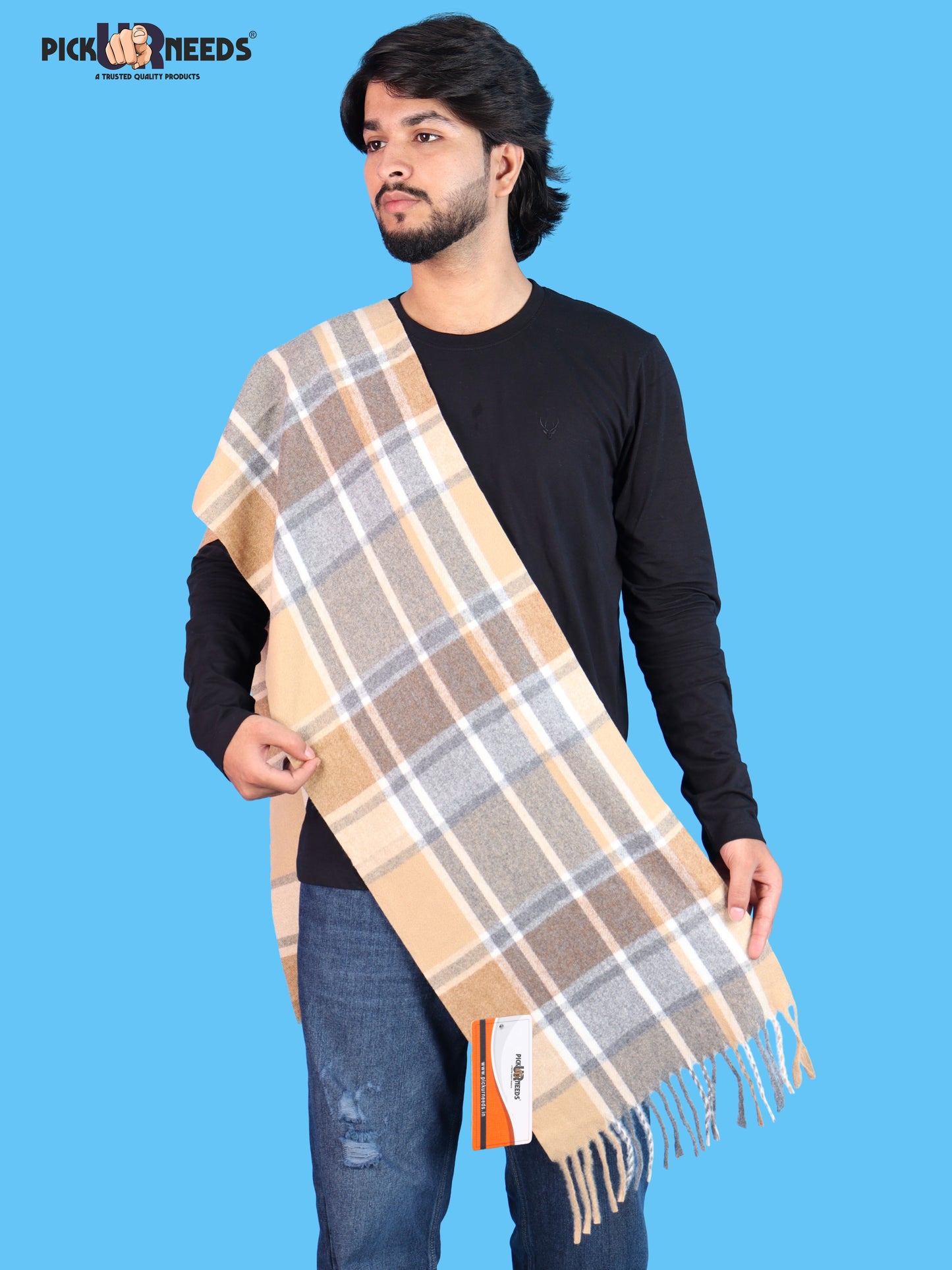 Pick Ur Needs Men’s Winter Muffler Shawl Soft Warm Checkered Scarf with Fringes  Stylish Neck Wrap for Men & Boys  Winter Wear Accessory